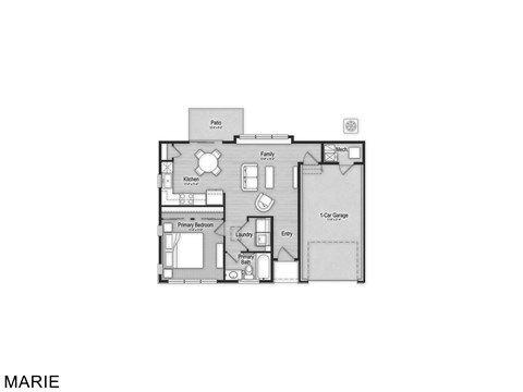 Floor plan for 1 bed, 1 bath, 730 sqft